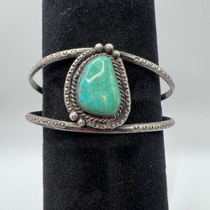 Vintage Navajo Sterling Silver Turquoise Statement Cuff Bracelet - unsigned